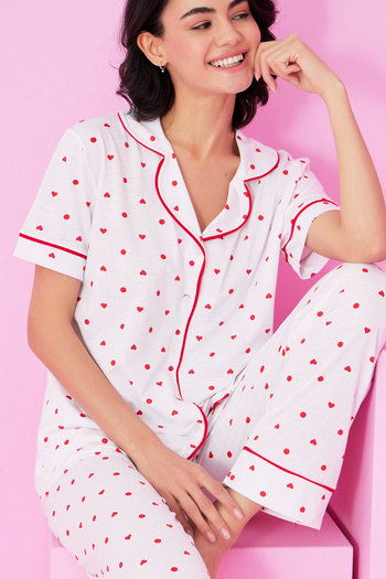 Siyah İnci Costum de pijama cu mânecă scurtă cu nasturi, alb, roșu, cu inimă, 7855