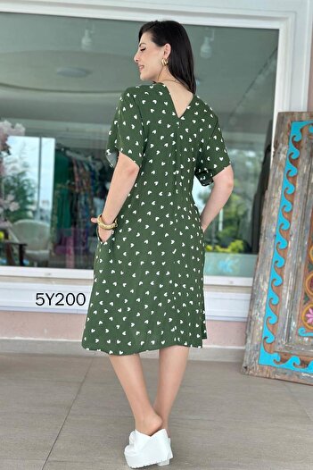 İnce Topuk V-Neck Button Detail Viscose Dress 5Y200