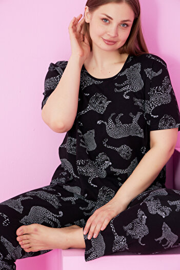 Siyah İnci siyah beyaz kaplan leopar baskılı Büyük Beden Battal Boy bisiklet yaka Örme Pijama Takım