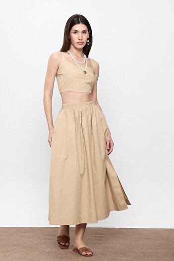 SHERIN Beige 100% Cotton Flounce Midi Skirt