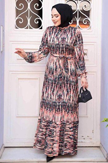 N.S NEVA STYLE Patterned Salmon Hijab Dress 52721Smn