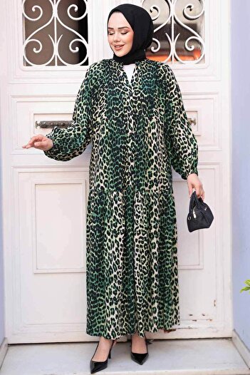 N.S NEVA STYLE Leopard Patterned Green Hijab Dress 52942Y