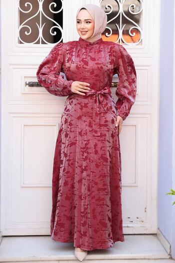 N.S NEVA STYLE Φόρεμα με σχέδιο Βουργουνδίας Hijab Satin 52921BR