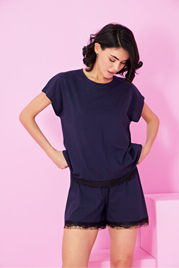 Siyah İnci Navy Blue Lace Detailed Crew Neck Knitted Shorts Set