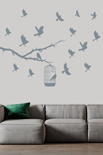 TRC TRAFİK Caged Birds Escape Decorative Wall Sticker Gray (13 Figures)
