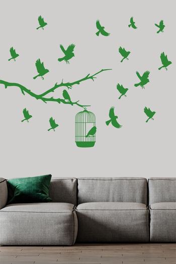 TRC TRAFİK Cage Escaped Birds Decorative Wall Sticker Green (13 Figures)