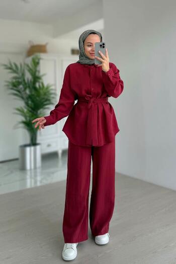 Ka Hijab Belt Detail Draped Double Suit - Claret Red