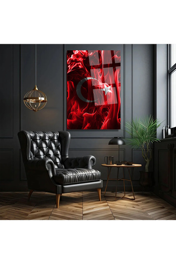 TAULART Dikey Türk Bayrağı Dumanlar İçinde Ay Yıldız Tasarımı Ofis İş Yeri Hediyesi Cam Tablo