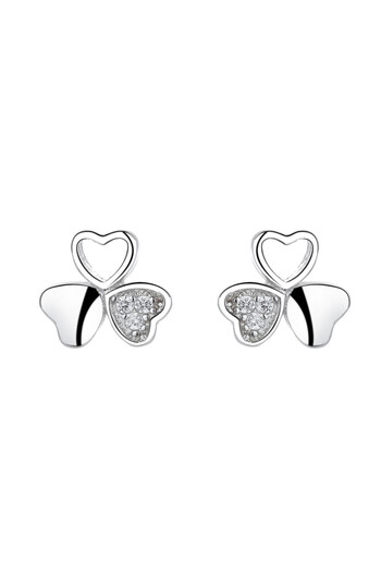 delis Cercei Stud Trifoi din Argint 925, cu Zirconiu, Placati cu Rodiu, Simbol Norocos