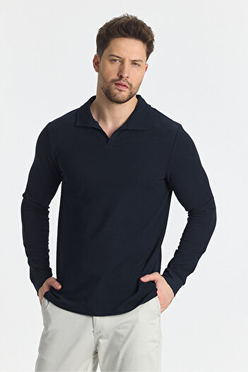 Frappoli Volex Men's Polo Neck Navy Blue Slim Fit Swearshirt - 100% Cotton, Lapel Detail, Long Sleeve