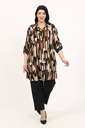 By Alba Collection Women's Tan Patterned Cotton Viscose Large Size Tunic