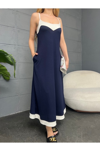 LE CARAMBOLE Women's Navy Blue Garnished Strappy Long Summer Dress
