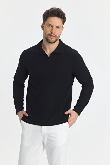 Frappoli Volex Men's Black Polo Neck Slim Fit Lycra Cotton Swearshirt - Long Sleeves
