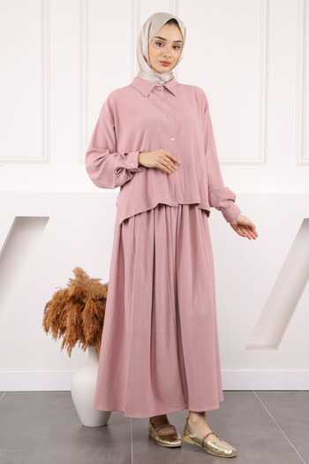 İmajButik Dusty Rose Front Short Back Long Shirt Skirt Wrap Suit