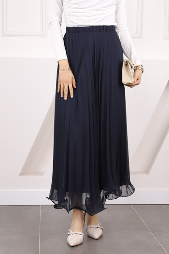İmajButik Navy Blue Elastic Waist Pleated Chiffon Skirt