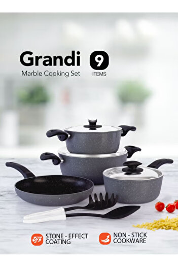 GRANDİ 9 Piece Non-Stick Cookware Set Aluminum Pots And Pans Stainless Steel Lids Grey 24+20+24+18 cm