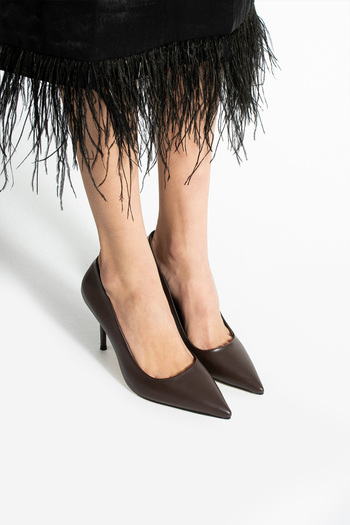 Güllü Shoes Dark Brown 9cm Vegan Leather Thin Heeled Stiletto |   Influential Elegance! For Graduation Wedding Office