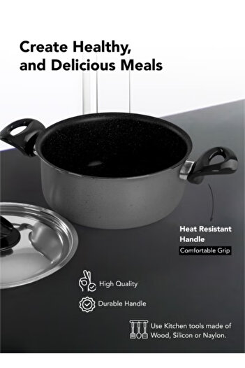 GRANDİ 9 Piece Non-Stick Cookware Set Aluminum Pots And Pans Stainless Steel Lids Grey 24+20+24+18 cm
