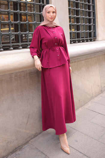 İmajButik Burgundy Waist Belted Shirt Skirt Suit