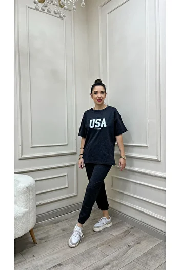 DUBU BUTİK Μπλουζάκι ΗΠΑ Φούτερ Jogger - Λευκό εμπριμέ ανθρακί αθλητική φόρμα Oversize Crew Neck