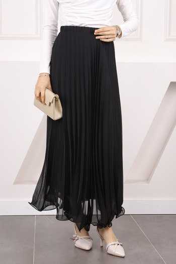 İmajButik Black Elastic Waist Pleated Chiffon Skirt