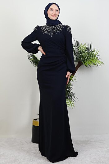 GİYZAMİLA Navy Blue River Hijab Dress