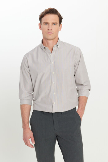 AC&Co / Altınyıldız Classics Men's Beige Cotton Comfort Fit Relaxed Cut Button Collar Striped Shirt
