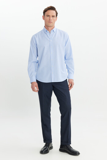 AC&Co / Altınyıldız Classics Men's Blue Cotton Comfort Fit Relaxed Fit Button Collar Striped Shirt
