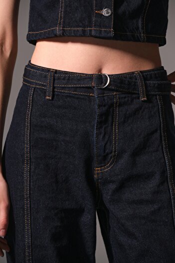 Maule Mavi Sportif Dikiş Detaylı Jean D Toka Kemerli Denim, Geniş Paça Palazzo Kadın Pantolon