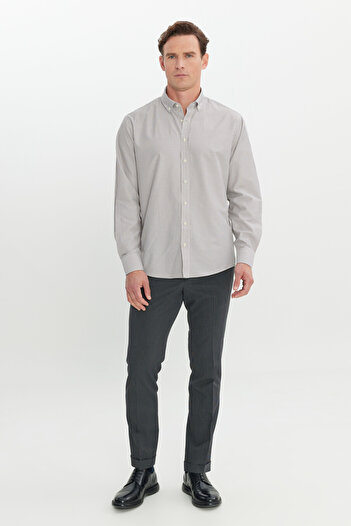 AC&Co / Altınyıldız Classics Men's Beige Cotton Comfort Fit Relaxed Cut Button Collar Striped Shirt