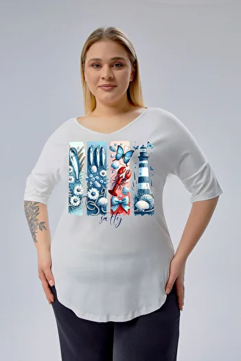 Curvy Trend Plus Size Lighthouse Salty Printed Half Sleeve Side Slit Blouse