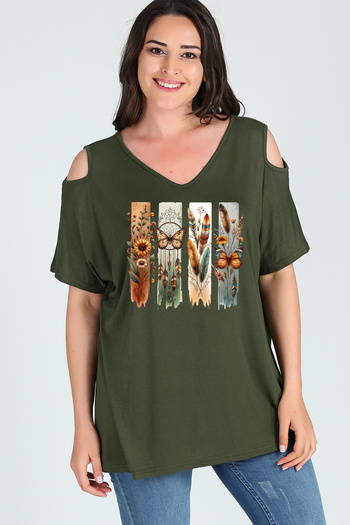 Curvy Trend Plus Size Bohemian Butterfly Printed Shoulder V Window Short Sleeve Blouse