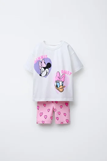Magu Girl's Cotton White Minnie and Daisy Printed T-Shirt and Heart Pink Shorts Set