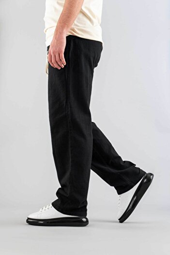 bombe Men's Black Comfortable Fit Trousers Linen Belted Drawstring Soft Fabric Sports Sweatpants