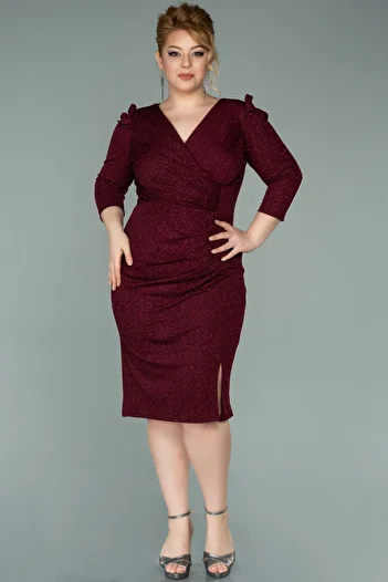 Efelif Burgundy Capri Sleeve Glitter Plus Size Evening Dress Abk38975