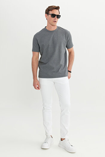 AC&Co / Altınyıldız Classics Men's Anthracite-Melange Cotton Modern Fit Relaxed Cut Crew Neck Seersucker Patterned T-Shirt