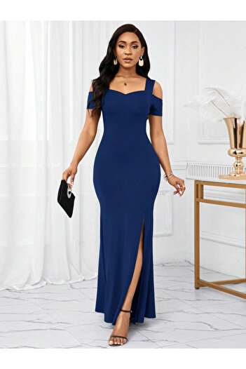 buğrahayalin Women's Off-The-Shoulder Strap Slit Detailed Long Imported Crepe Dress