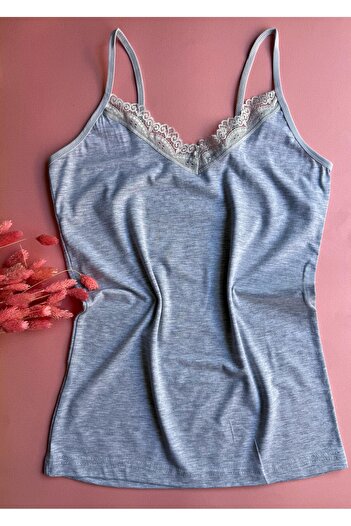 Elosia Pure Belle Gray Color Lace Cotton V-Neck Women's Undershirt Elegant Meeting of Elegance and Comfort