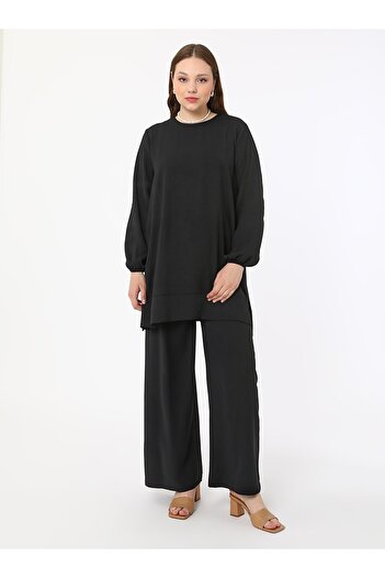ALİA Plus Size Black Aerobin Set - Tunic and Trousers Double - Alia