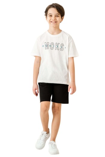 wakawakakidsstore Mcks" Written White Boy's Shorts Suit - Ecru