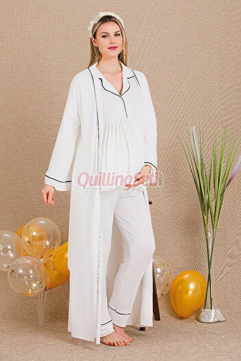 quilling Ekru Renkli ve Derin Patlı Lady 3301 Kısa Kol Sabahlıklı Hamile Pijama Takımı