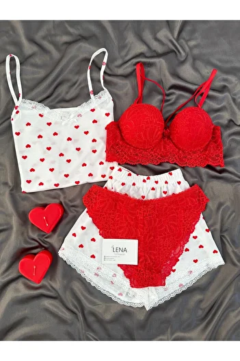 Lena Homewears Women's Double Love Heart Lingerie with Shorts Pajama Set