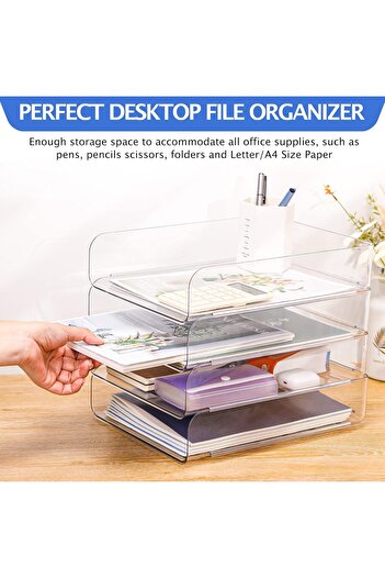 COOYA 4-pack desktop file storage box, transparent PET, large capacity, stackable, for storing stationery