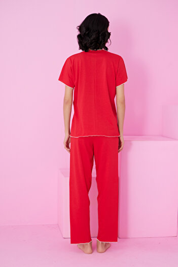 Siyah İnci Kırmızı Fiyonklu Örme Pijama Takım7871