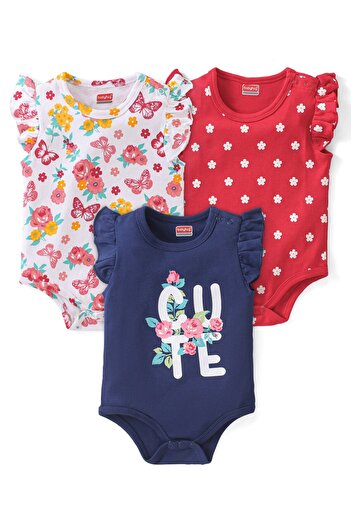 Babyhug Babyhug 100% Cotton Knit Interlock Frill Sleeves Onesies &Butterfly Pack Of 3-White Red&Navy Blue