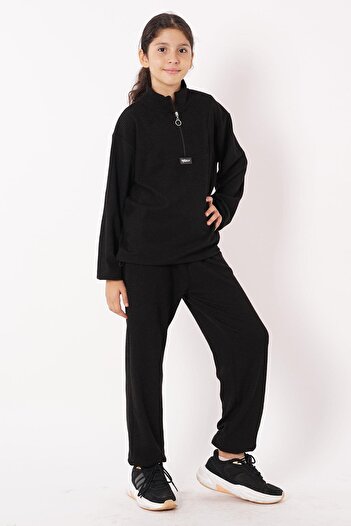 zepkids Turtleneck Black Girl's Tracksuit Set - with Crest Detail and Zipper