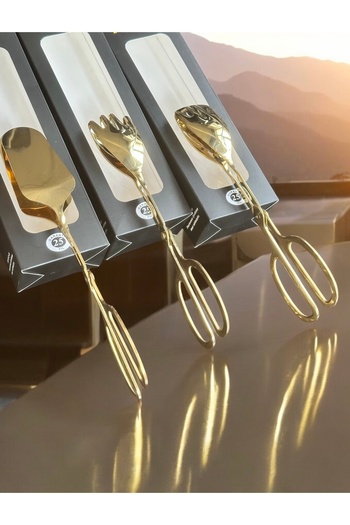 LeesHome Gold Luxury 3-Piece Tongs Set - Stainless Steel Serving Salad Cake
