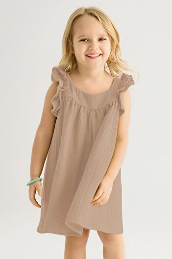 zepkids Square Collar Short Sleeve Wide Shirred Beige Color Girl's Dress