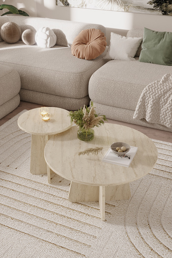 OBİ Atölye NORD 2'li Orta Sehpa 72 cm-40 cm, İskandinav Orta Sehpa, Bohem, Yuvarlak - Traverten