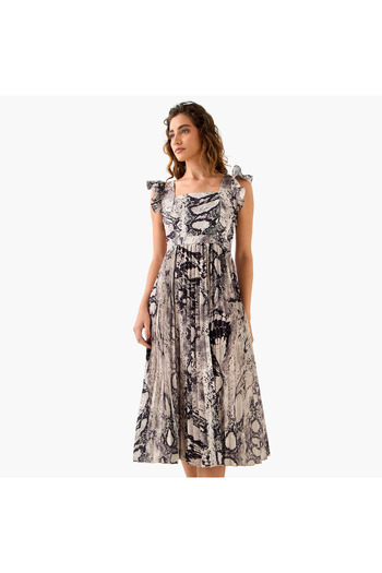 FAV Pleated Midi Dress with Ruffle Sleeves